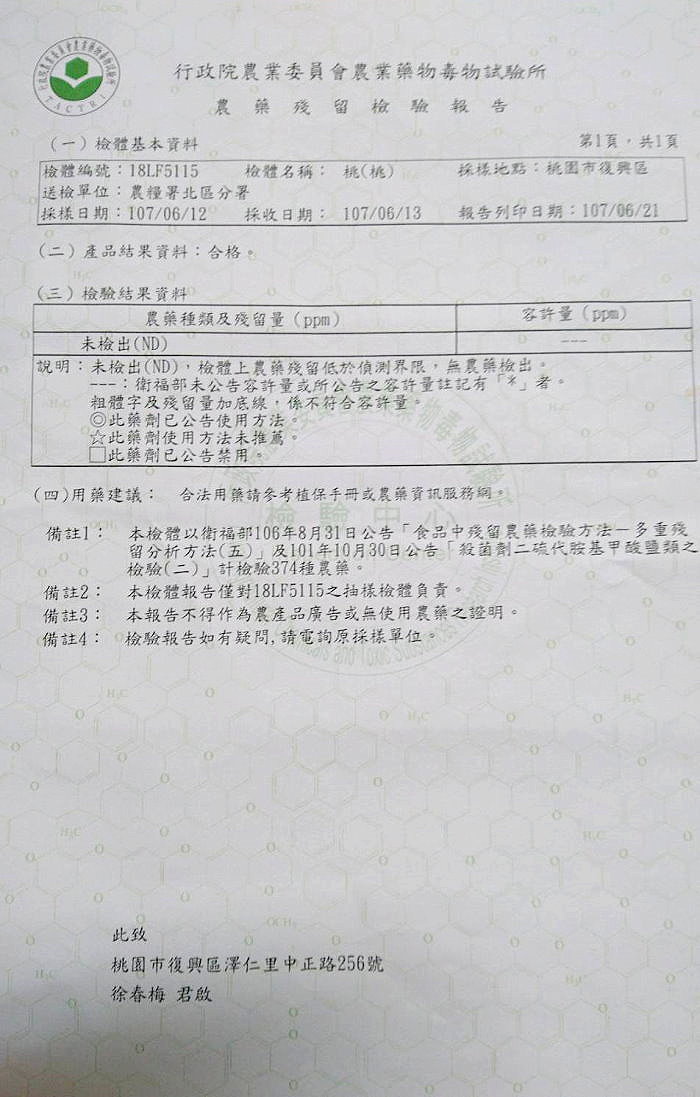 農藥殘留檢驗報告